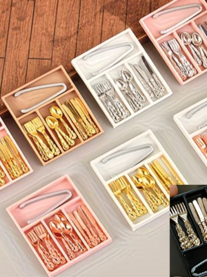 Cutlery in coloured tray